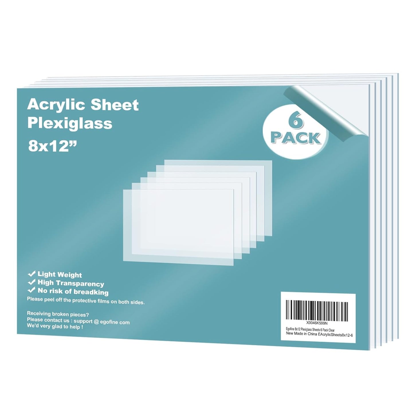 Egofine Plexiglass Sheets Acrylic Sheets 6 Pack of 8x12’’ 0.04 Thick Clear Plastic Cast Transparent Plexi Glass for Crafting Projects, Replacement Picture Frame Glass, DIY Display, Easy to Cut