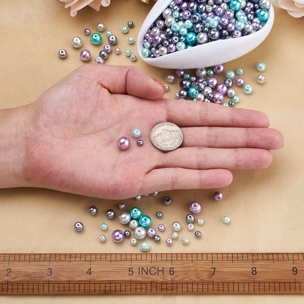 About 1840Pcs 4/6/8mm Glass Pearl Beads Pearlized Beads Multi Colors Round Spacer Beads for DIY Craft Jewelry Making Hole: 1mm, Mixed Purple & Grey & Turquoise