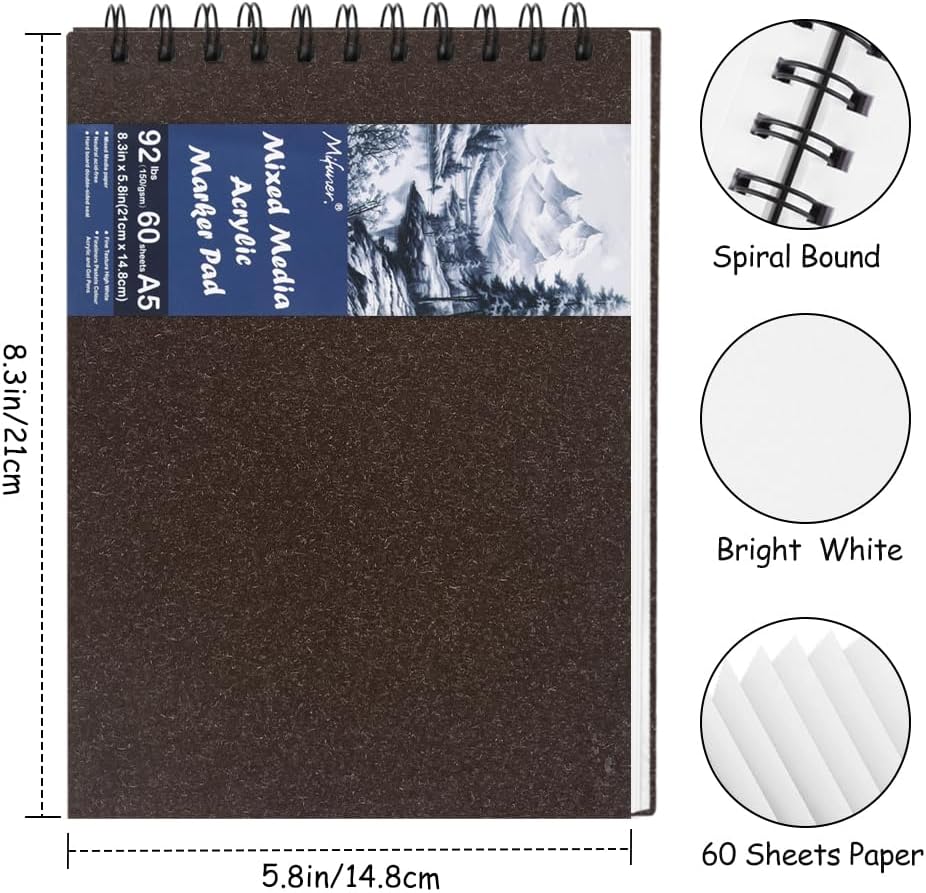 8.3x5.8 Sketch Book, Top Spiral Bound Sketch Pad, 60sheets 92lb/150gsm Bright White Paper, Acid-Free Mixed Media Paper for Painting, Dawing & Art Supplies. B-DarkCoffee