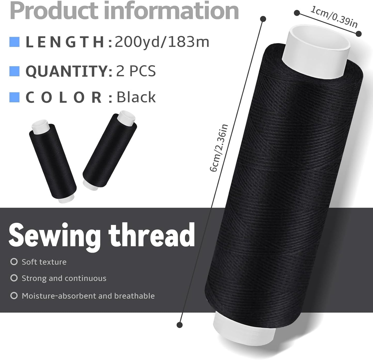 Bupete 2 Rolls Black Thread for Sewing, 200 Yards Each Roll Sewing Thread, Polyester Threads for Sewing Machine Embroidery Hand Stitching