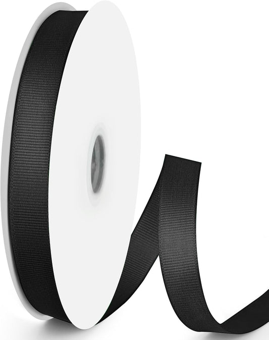 50 Yards 5/8 inch Grosgrain Ribbon, Solid Color Fabric Ribbon Perfect for Gift Wrapping, Wedding, Handmade Bows, Floral Bouquets and Party Decoration(Black)