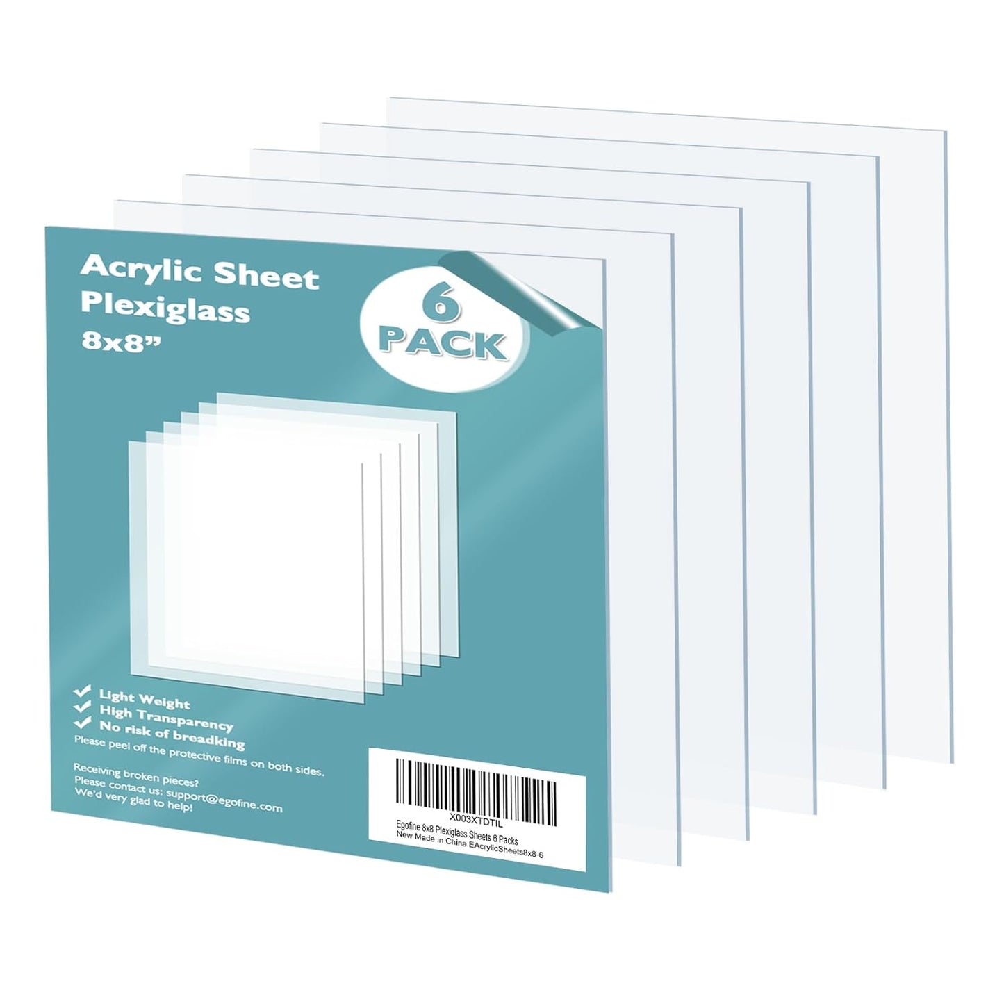 Egofine Plexiglass Sheets Acrylic Sheets 6 Pack of 8x8’’ 0.04 Thick Clear Plastic Cast Transparent Plexi Glass for Crafting Projects, Replacement Picture Frame Glass, DIY Display, Easy to Cut