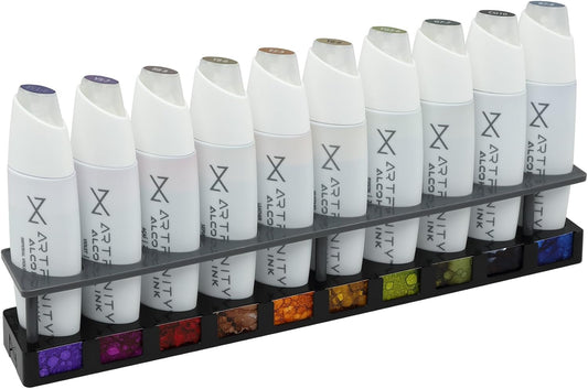 Artfinity Alcohol Ink Devastating Beauty Set of 10 Colors (25 ml) with Free Acrylic Stand - for Painting or Alcohol Marker Refill Ink, Acid-Free, Fast-Drying, Permanent, Transparent, Swatch Template