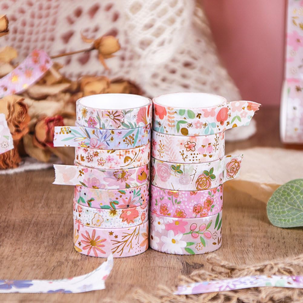 MAFELOE 2 Meters Long 12 Rolls Washi Tape Set, Decorative Adhesive Supplies for Scrapbook Journaling Junk Bullet Art Collage-Floral Print Series-Pink (HZ-3Y-SHMJ-01)