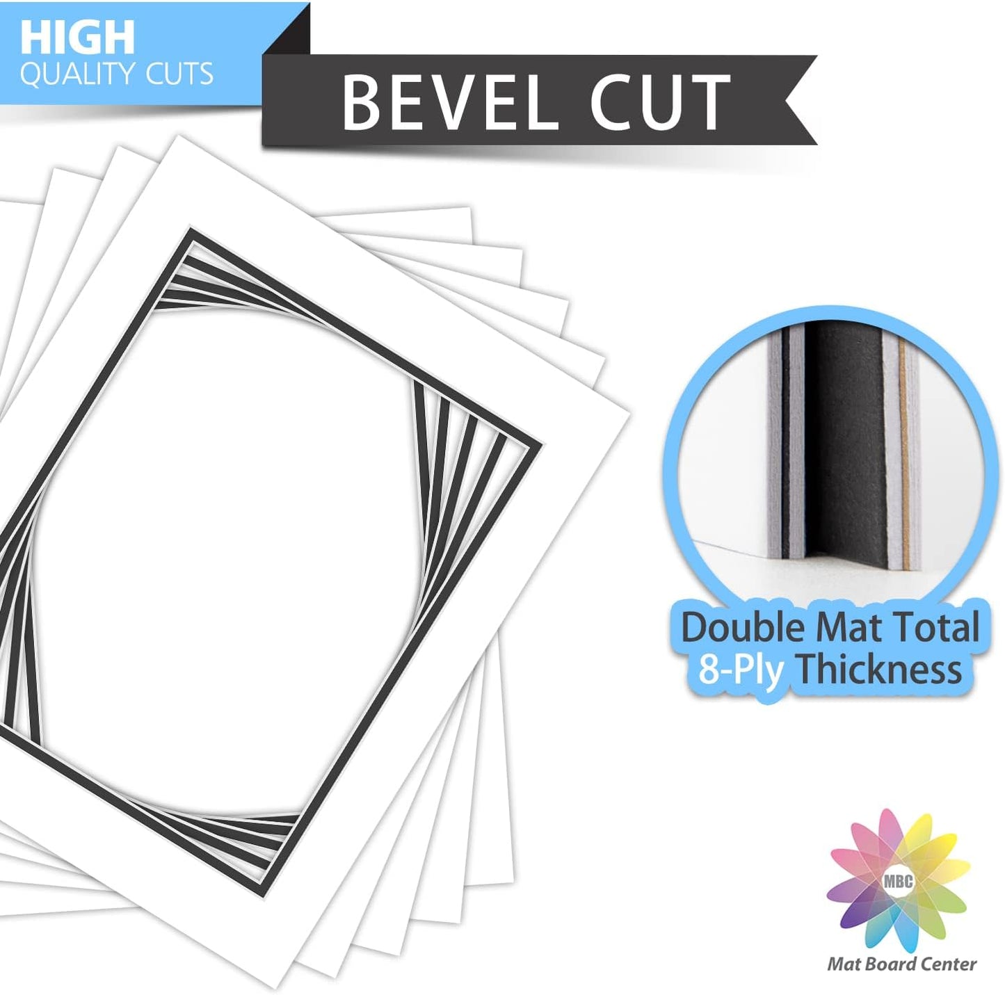 Mat Board Center, Double Mat - Acid Free, 8-ply Thickness, White Core - for Pictures, Photos, Framing (White Over Black, 11x14 for 8.5x11, Pack of 5)