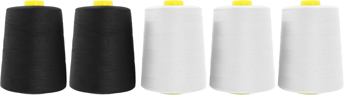 Mandala Crafts 5 Pack of Serger Threads Cones Spools - 40S/2 30000 Yards Polyester Black White Threads for Sergers Machine and Overlock Quilting Sewing Machine