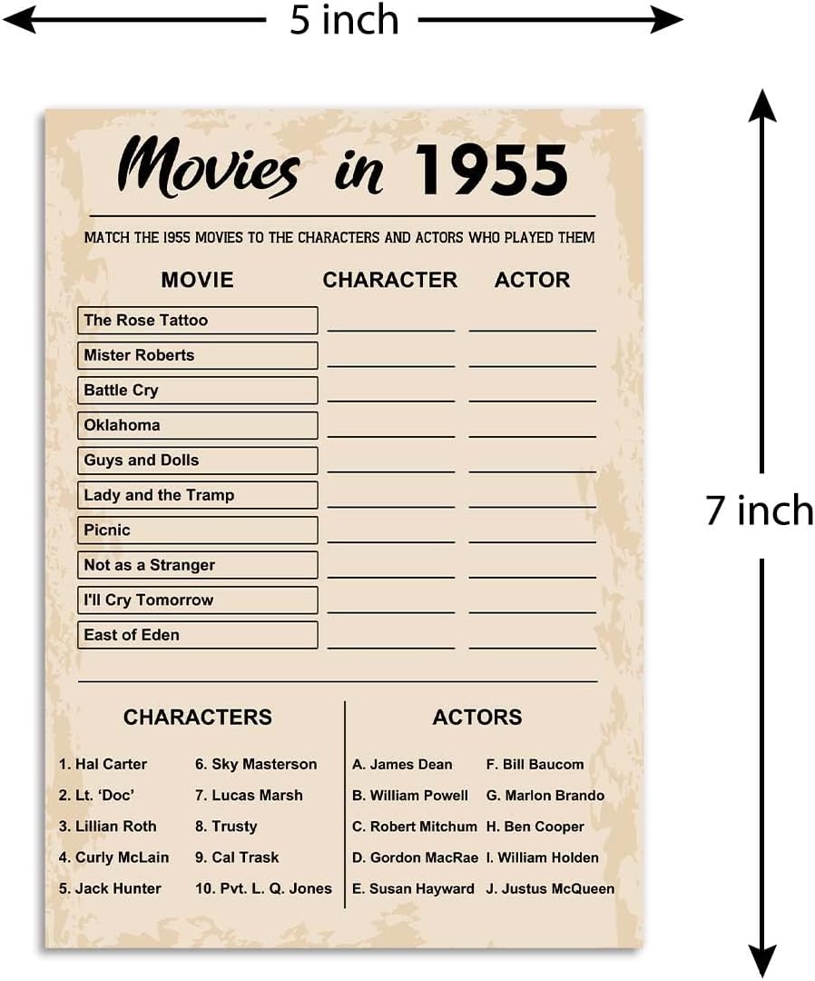 70th Birthday Party Games, Movies in 1955 Games, Birthday Party Supplies for Adults, Fun 1955s Party Game，Pack of 30 Cards