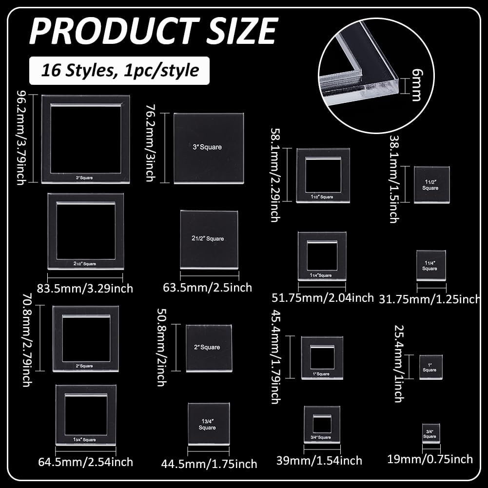 BENECREAT 16 Sizes Square Quilting Template, Acrylic Intricate Sewing Machine Ruler, Transparent Pressure Plate Router Template for DIY Hand Patchwork Cutting Craft, 6mm Thick