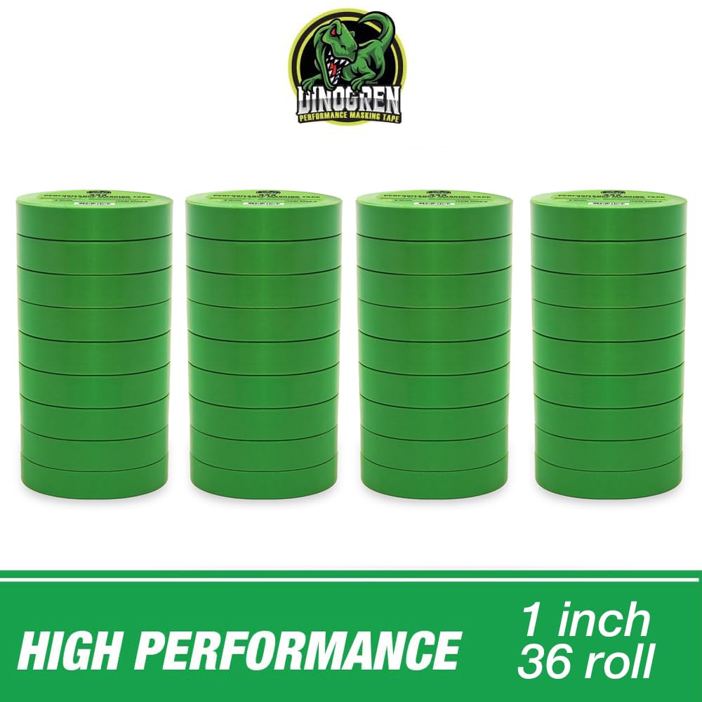 LAUCO DINOGREN High Performance Green Masking Tape for Car Paint, Detailing, & Auto Body - Heat & Water Resistant, Multi-Purpose (1 Inch x 60 Yards, 36 Rolls/Case)