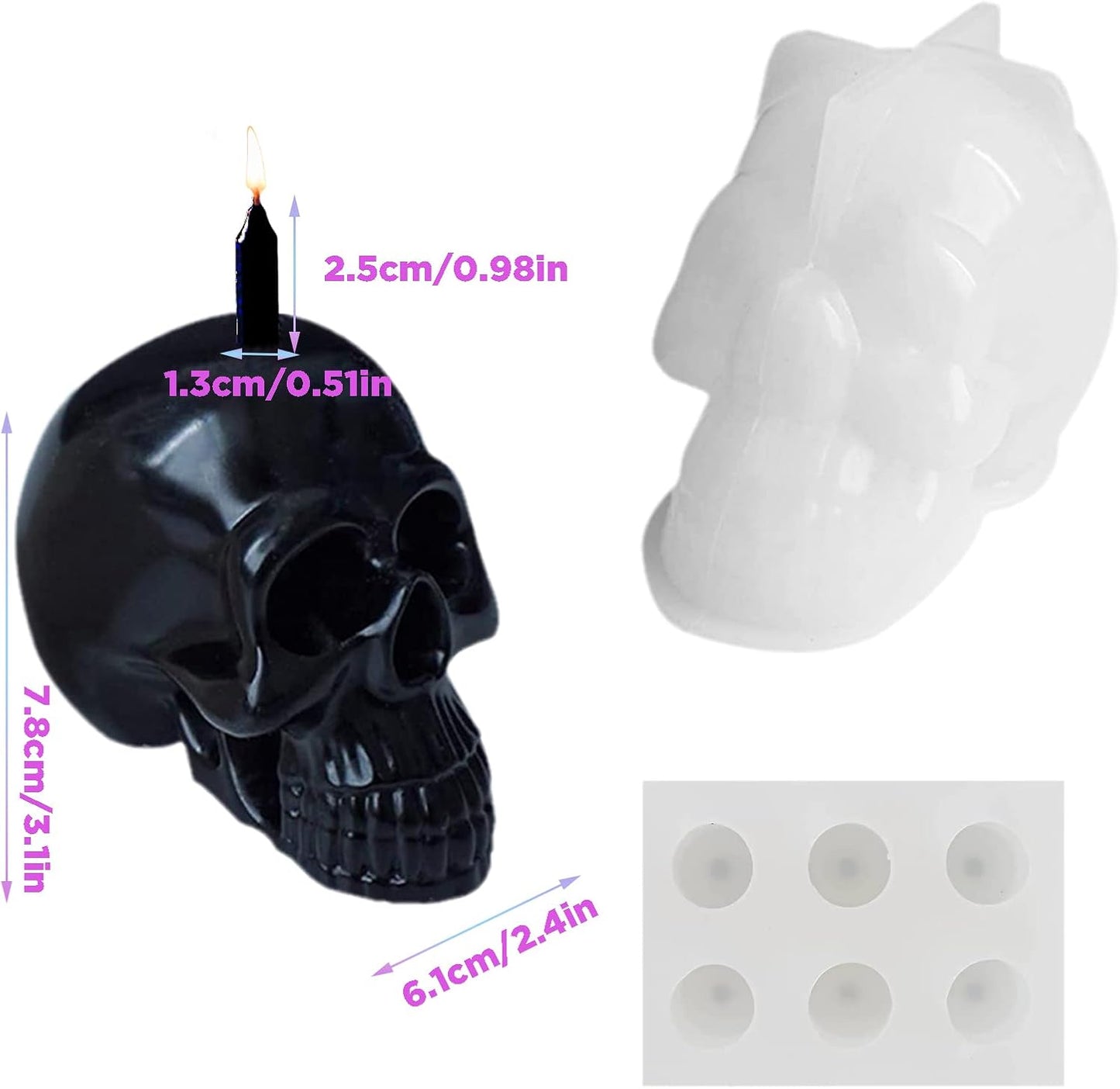3D Skull Candle Silicone Molds Set, Skull Mold and 6 Holes Mini Candle Mold, The First Choice As Gift for Halloween Plaster Decoration Clay Soap Making Cake Fondant Mould Festival Gifts
