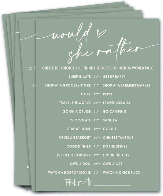 Bridal Shower Games Cards, Would She Rather Bridal Shower Game for 25 Guests, Engagement Party Wedding Games for Guests, Minimalist Green Wedding Party Supplies - C11