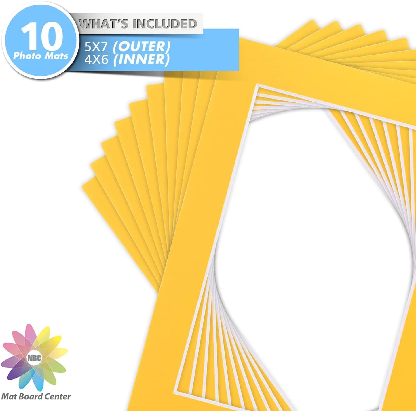 Mat Board Center, Pack of 10, 5x7 for 4x6 Deep Yellow Color Mats - Bevel Cut, Acid Free, 4-ply Thickness, White Core - for Pictures, Photos, Framing