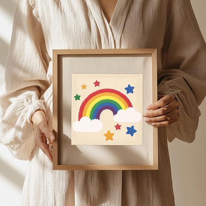 Doodlream Rainbow Star DIY Punch Needle Embroidery Kit for Adult Beginner, 9.4" Rainbow Punch Stitching Craft Set for Starter with Frame, Fabric Pattern, Threader, Yarn, Pinch Needle