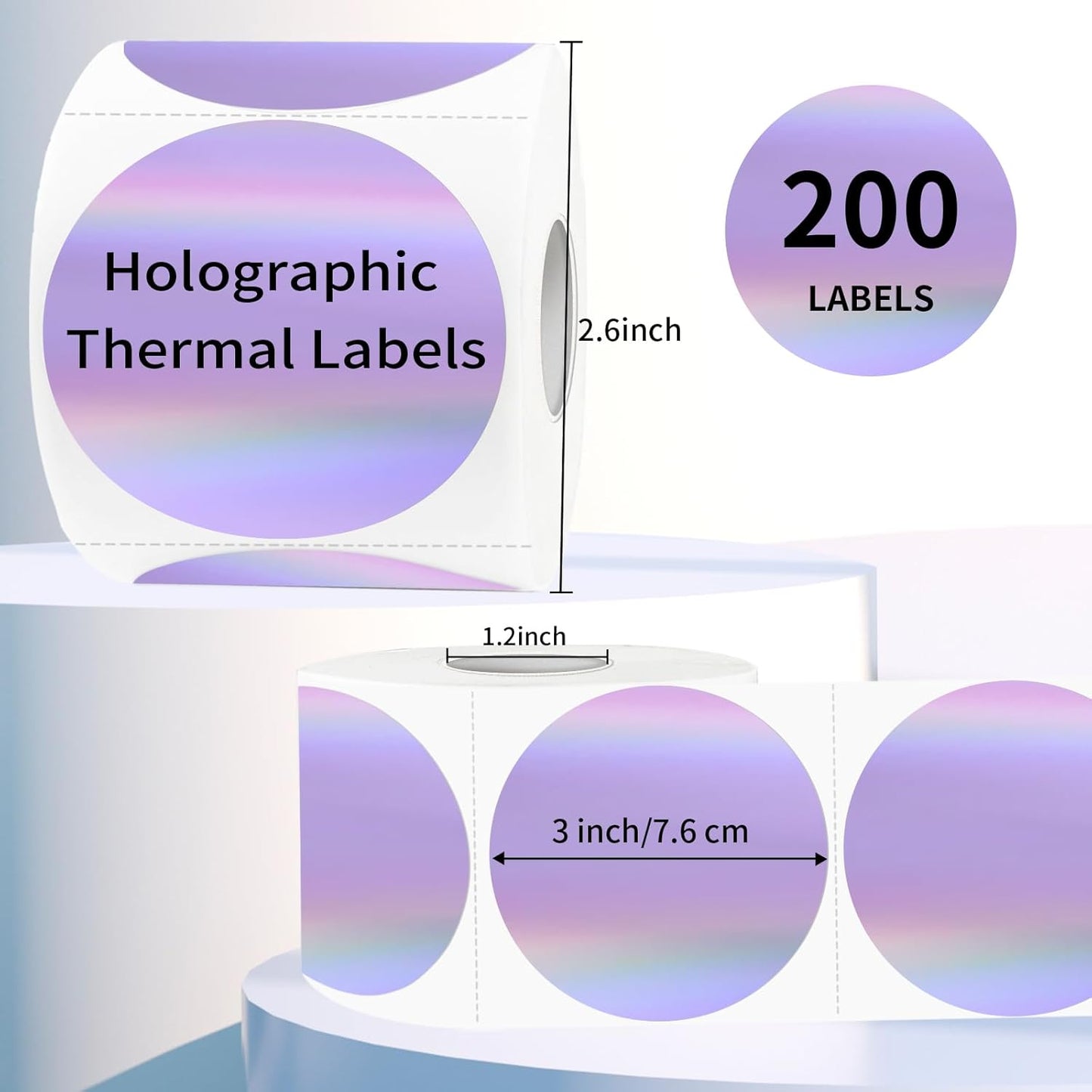 3" Holographic Direct Thermal Label Stickers, Round Printable Rainbow Glitter Thermal Printer Sticker Labels for Gift Wrapping, Self-Adhesive DIY Custom Logo Design- Holographic Purple