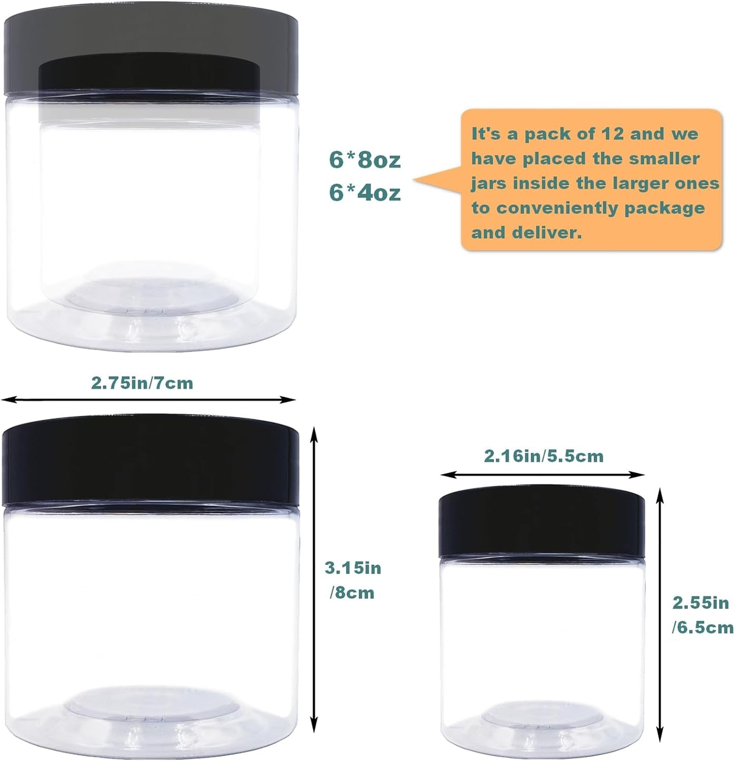 8 oz Plastic Containers with Lids and 4oz Small Containers (Set of 12) Plastic Jars with Lids Cosmetic Jar for Body Butter, Bath Salt, Slime and Beauty Product