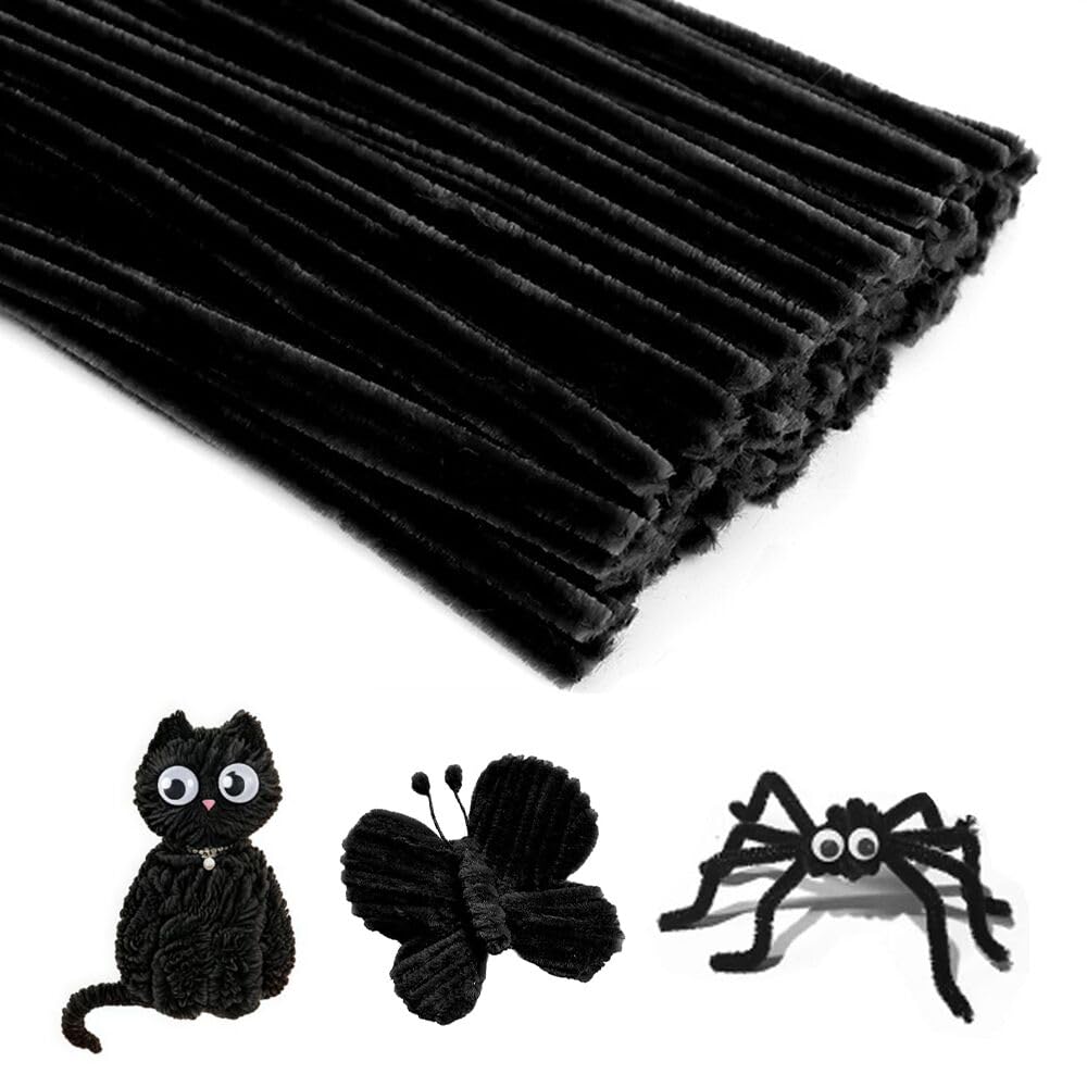 100 Pieces Pipe Cleaners Chenille Stem, Black Pipe Cleaners Set for Pipe Cleaners Halloween DIY Arts Crafts Decorations, Chenille Stems Pipe Cleaners (Black)