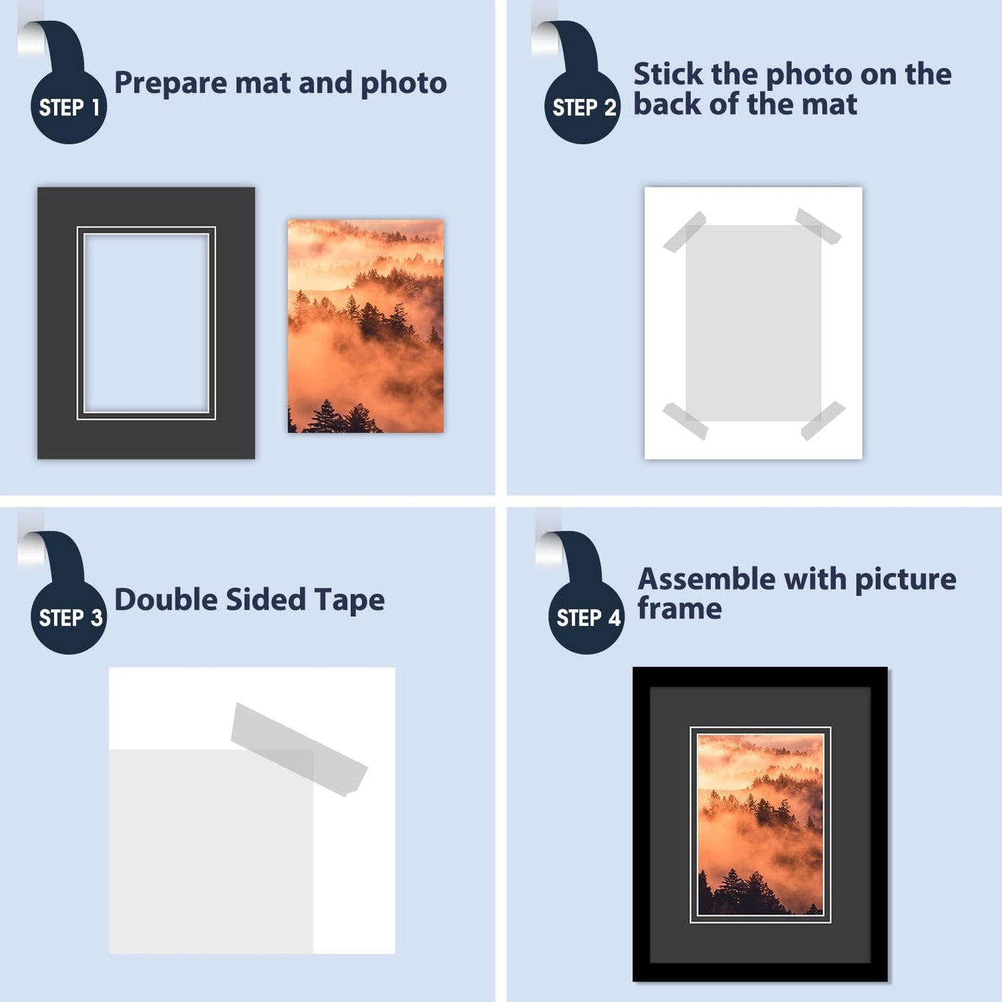 Mat Board Center, Double Mat - Acid Free, 8-ply Thickness, White Core - for Pictures, Photos, Framing (Black Over Black, 8x10 for 5x7, Pack of 5)