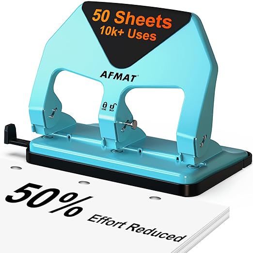 AFMAT 3 Hole Punch Heavy Duty, 50-Sheet Three Hole Punch, 50% Reduced Effort, 10,000+ Uses, 9/32" Holes, S.S. Paper Guide, 3 Hole Puncher for Binder, Metal Hole Puncher for Home Office School HP20