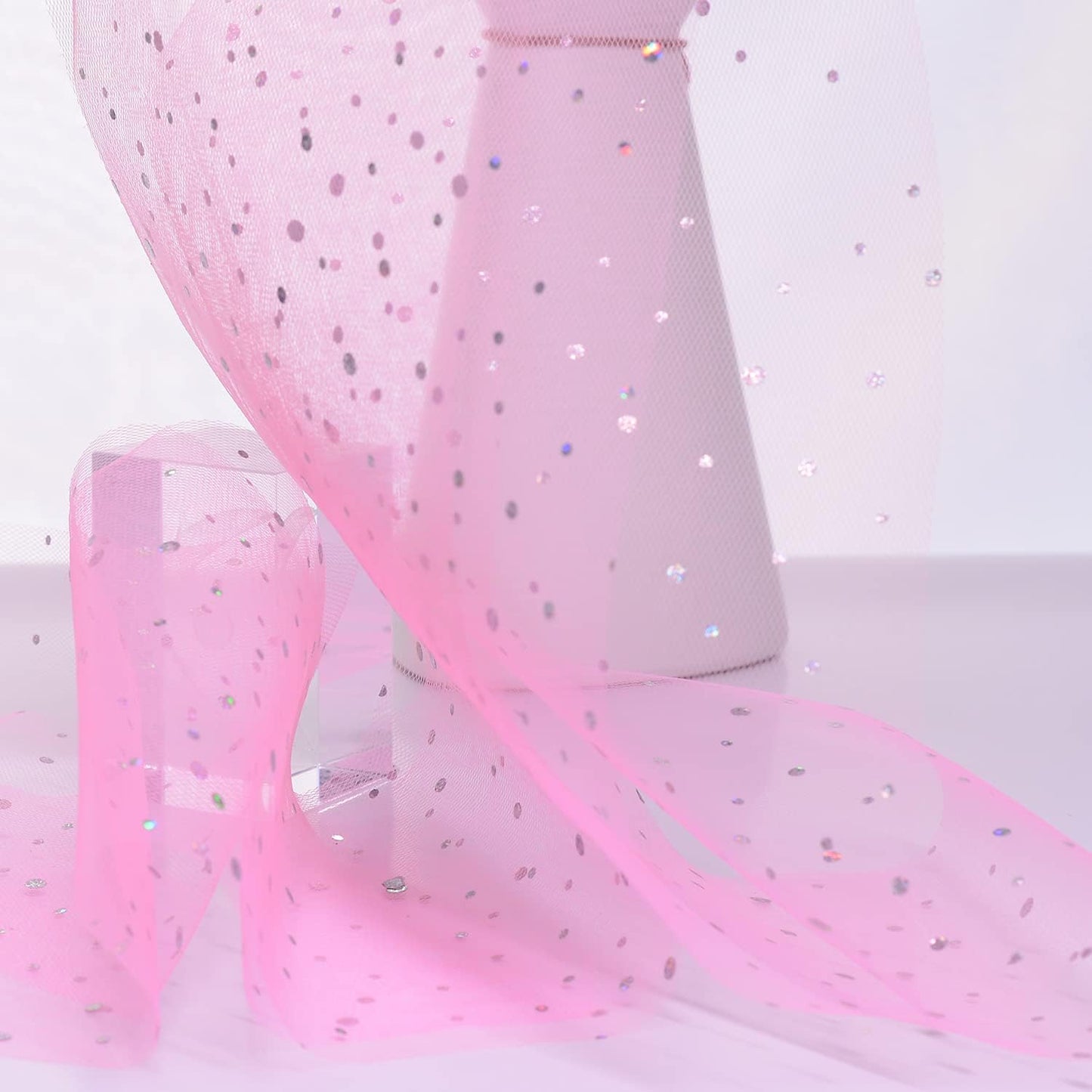 Glitter Tulle Rolls, 6' by 50 Yards (150FT) Sequin Tulle Netting Fabric for Tutu Skirts Sewing Birthday Wedding Party Decoration (Pink)