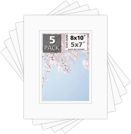 Mat Board Center, Double Mat - Acid Free, 8-ply Thickness, White Core - for Pictures, Photos, Framing (Off White Over Off White, 8x10 for 5x7, Pack of 5)
