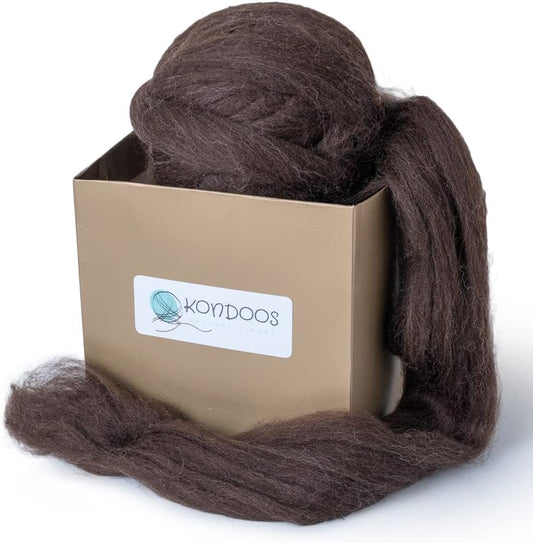 Kondoos Natural Wool roving, 8 OZ. Best for Needle Felting, handcrafts and Spinning. Natural Colours, un-Dyed. (Brown Dark Chocolate, 8 oz)
