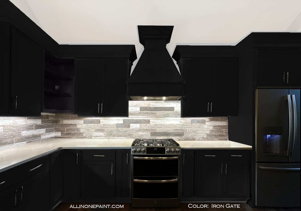 ALL-IN-ONE Paint, Durable cabinet and furniture paint. Built in primer and top coat, no sanding needed. Includes our 30 featured color card - Iron Gate (black), Quart