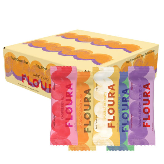 Floura Variety Pack Fruit-Forward Fiber Bars– High Fiber, Vegan, Gluten & Dairy Free, Low Calorie Healthy Snack Bars with Upcycled Produce for Gut Health [10 Pack- 2 of Each Flavor]