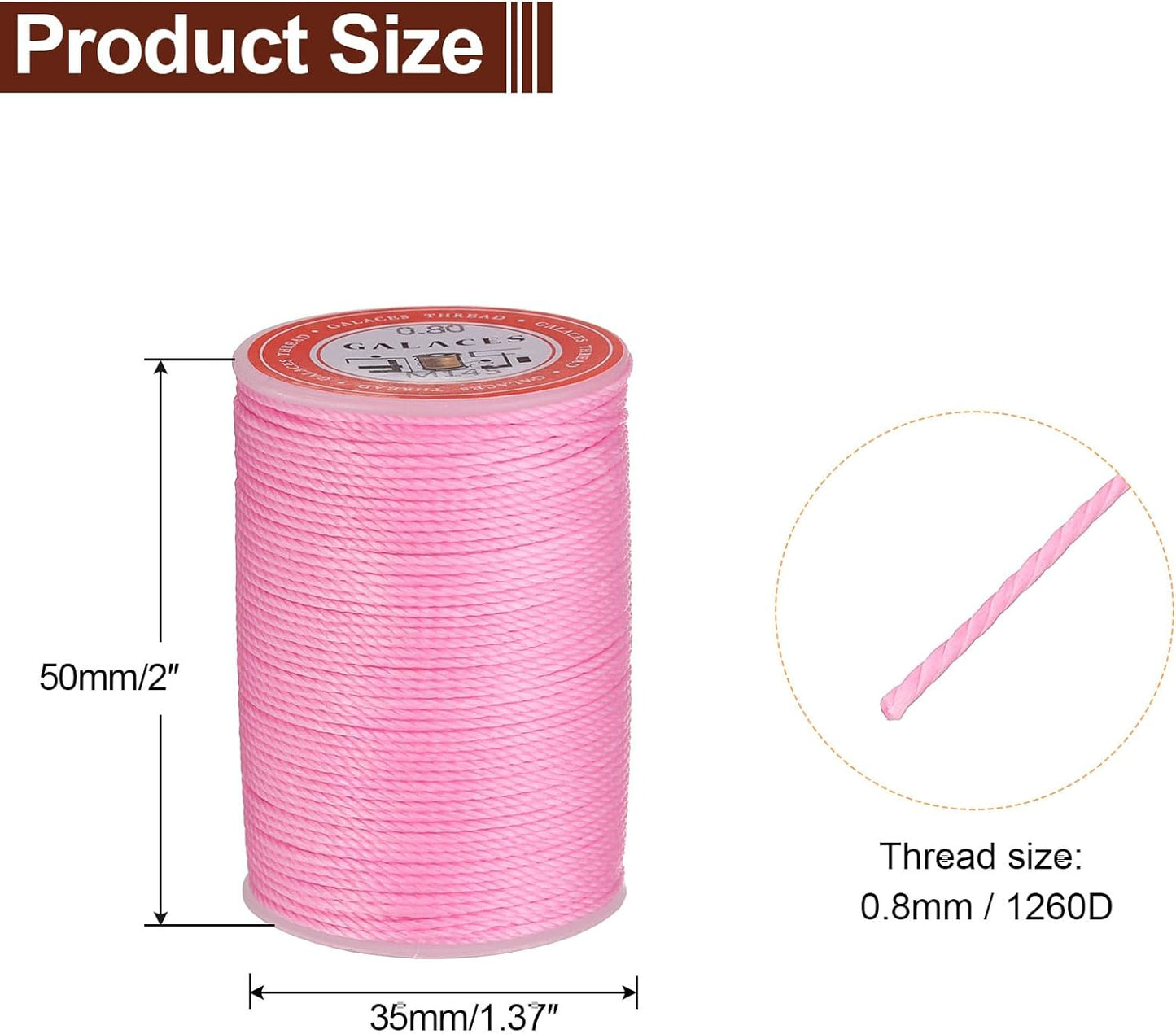 uxcell Round Leather Sewing Waxed Thread, 55m / 60 Yards Wax Polyester String, 0.8mm Waxed Stitching Cord for Leather Crafts, Bookbinding, Bracelets Braided, Pink