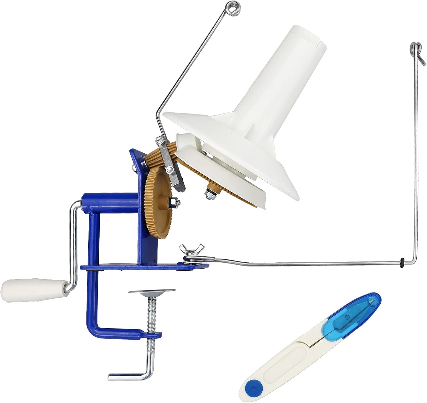 LAMXD Needlecraft Large Jumbo Metal Yarn/Wool/String/Fiber Ball Winder Hand Operated,10-Ounce,with Thread Cutter Scissors, Blue and White