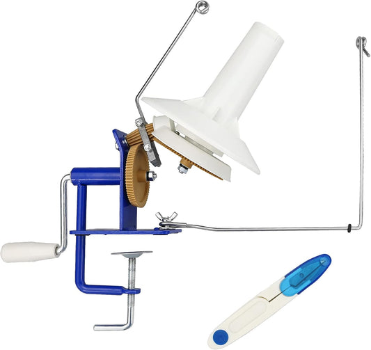 LAMXD Needlecraft Large Jumbo Metal Yarn/Wool/String/Fiber Ball Winder Hand Operated,10-Ounce,with Thread Cutter Scissors, Blue and White