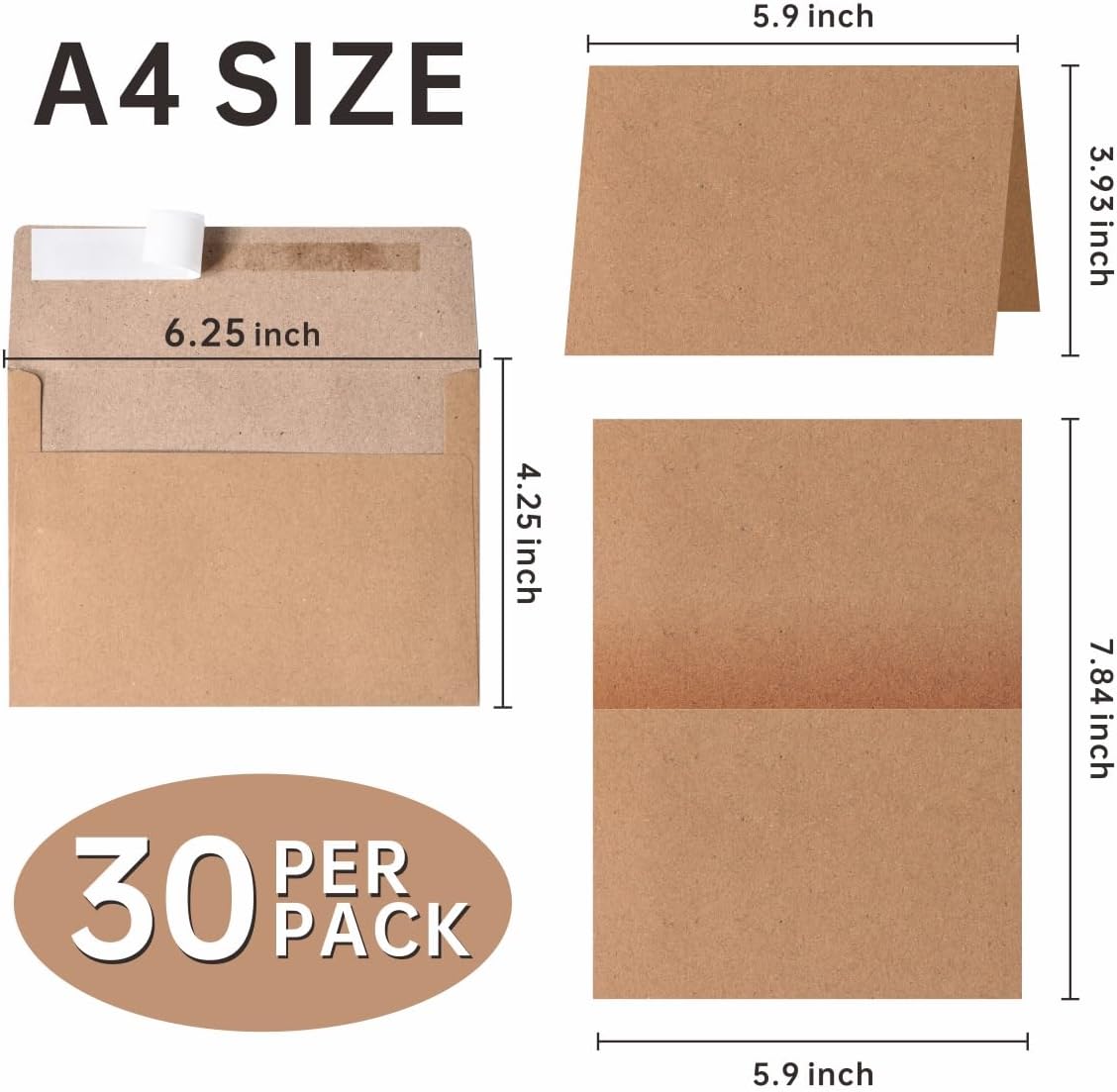 Blank Cards and Envelopes 4x6, 30 Pack Kraft Invitation Folded Cardstock with 30 Kraft Matching Self-Seal A4 Envelopes, Thank You Blank Greeting Cards, for DIY, Print Custom, Wedding & Birthday