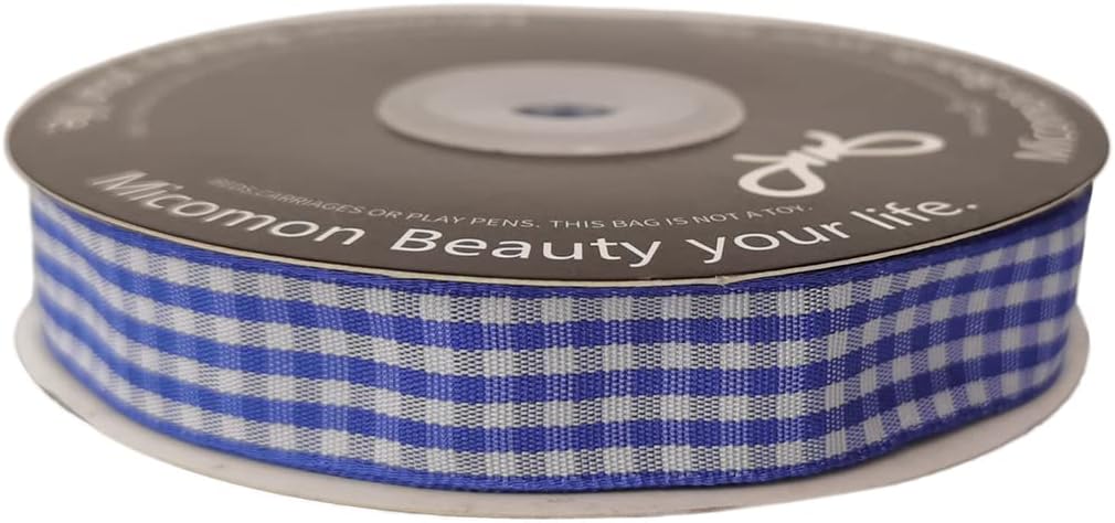 Blue and White Woven Edge Plaid Ribbon 100% Polyester Gingham Ribbon 25 Yards Each Roll (5/8", Blue)