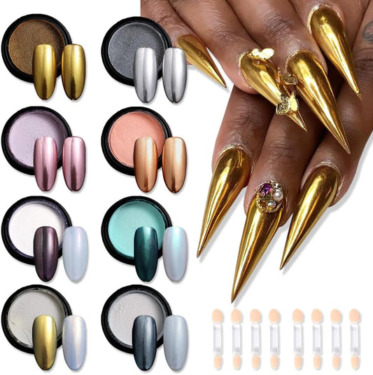 8 Jars Chrome Nail Powder Magic White Pearl Kit, Metallic Mirror Effect Holographic Glitter Iridescent Aurora Mermaid Pearl Pigment Dust Kit for Gel Polish Nail Art Decoration, Resin Craft