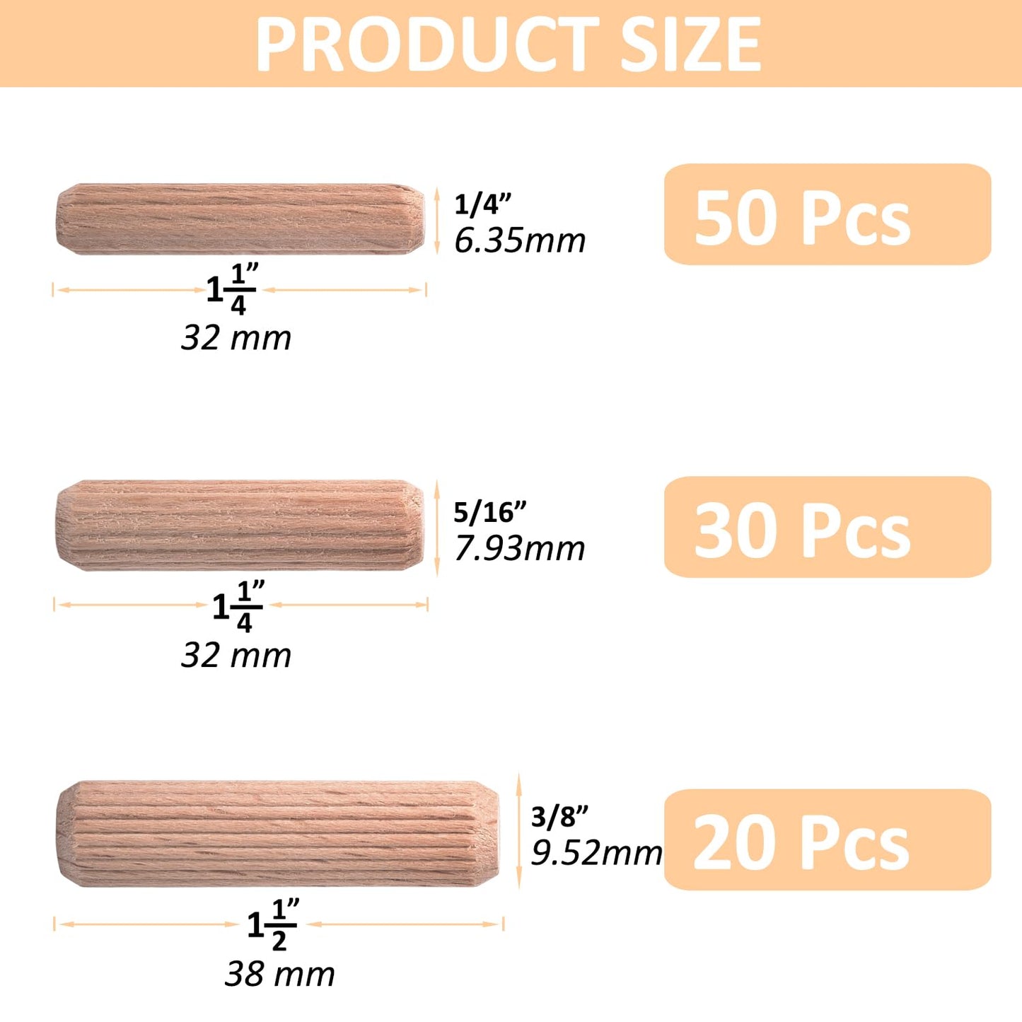 100 Pcs Wooden Dowel Pins - 1/4 inch, 5/16 inch,3/8 inch Fluted Wood Dowels Rods,Hardwood Crafts Dowel Pegs