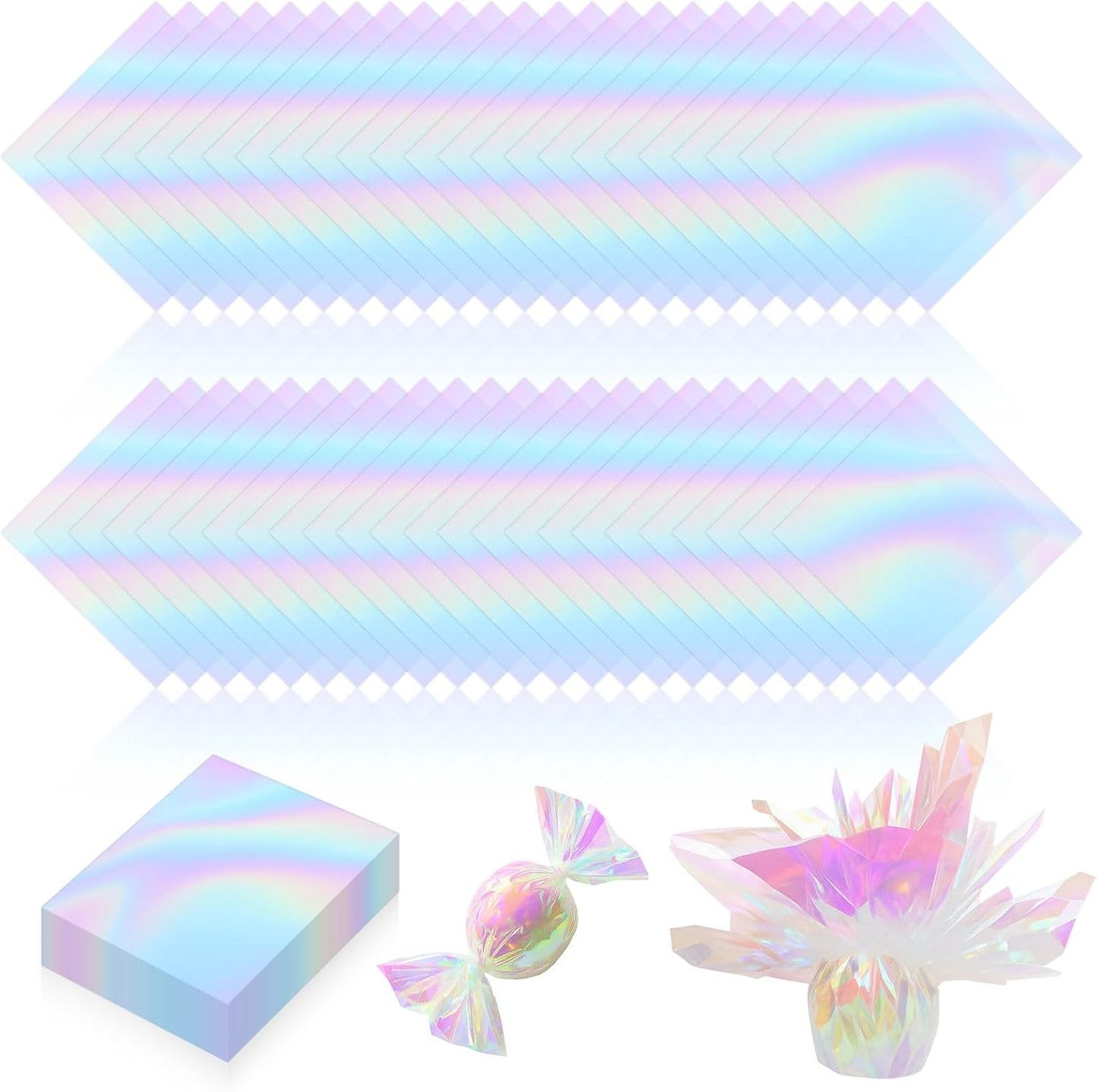 PEASUG 120 PCS Iridescent Cellophane Sheets, 7.5x7.5 Inches Holographic Candy Cellophane Wrap, Iridescent Paper for DIY Crafts Project, Art, Lights, Window Decoration