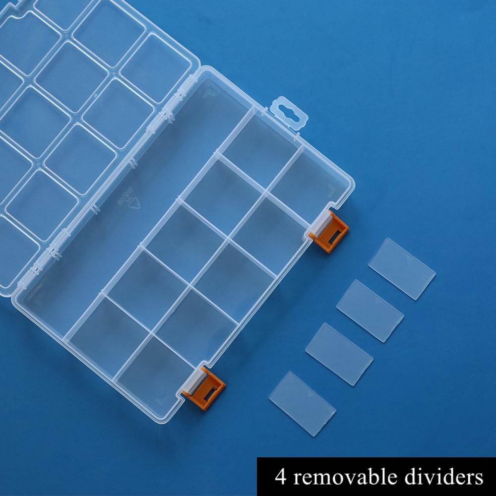 BangQiao 4 Pack 15 Grids Clear Plastic Storage Box with Dividers, Transparent Organizer Container Case for Small Parts, Bead, Button, Jewelry, Diamond, Craft Supplies,Sewing Kit, DIY Accessories