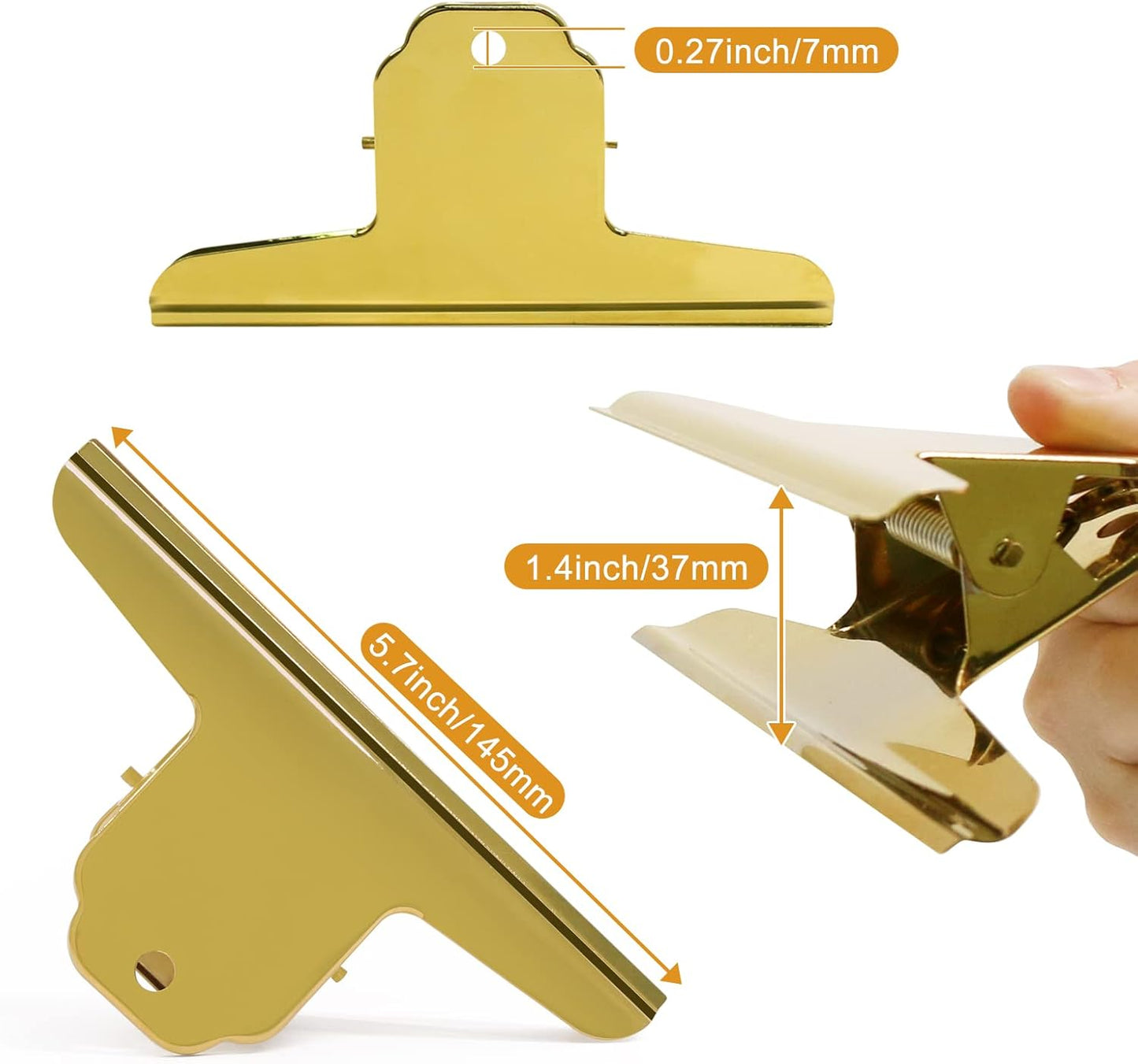 Coideal Gold Metal Bulldog Paper Clips, 3 Pack Stainless Steel Large Bull Clips Clamps for Drawing Board, Home Kitchen Office (5 7/10 Inch)