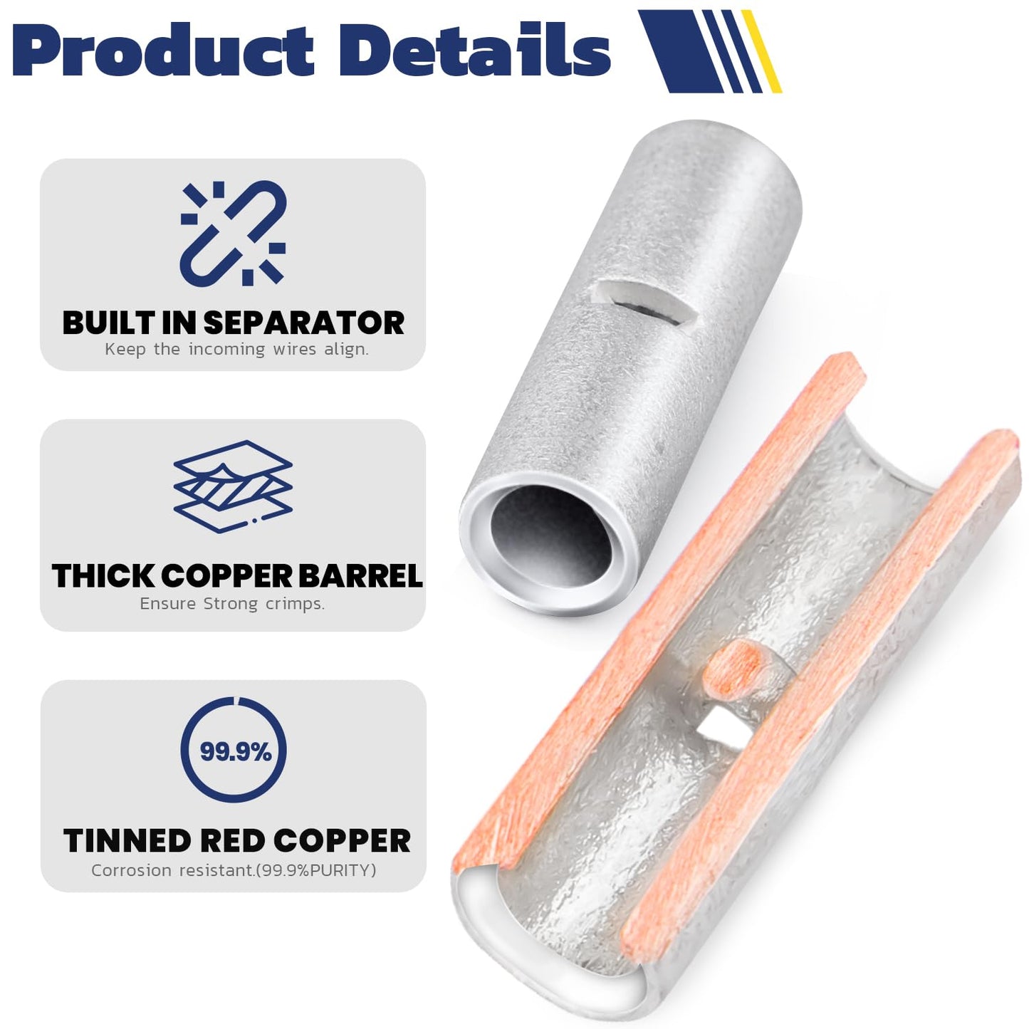 Haisstronica Non Insulated Butt Connectors Kit 420pcs Butt Connectors for Wiring Pure Copper AWG24-8 Wire Crimp Connector
