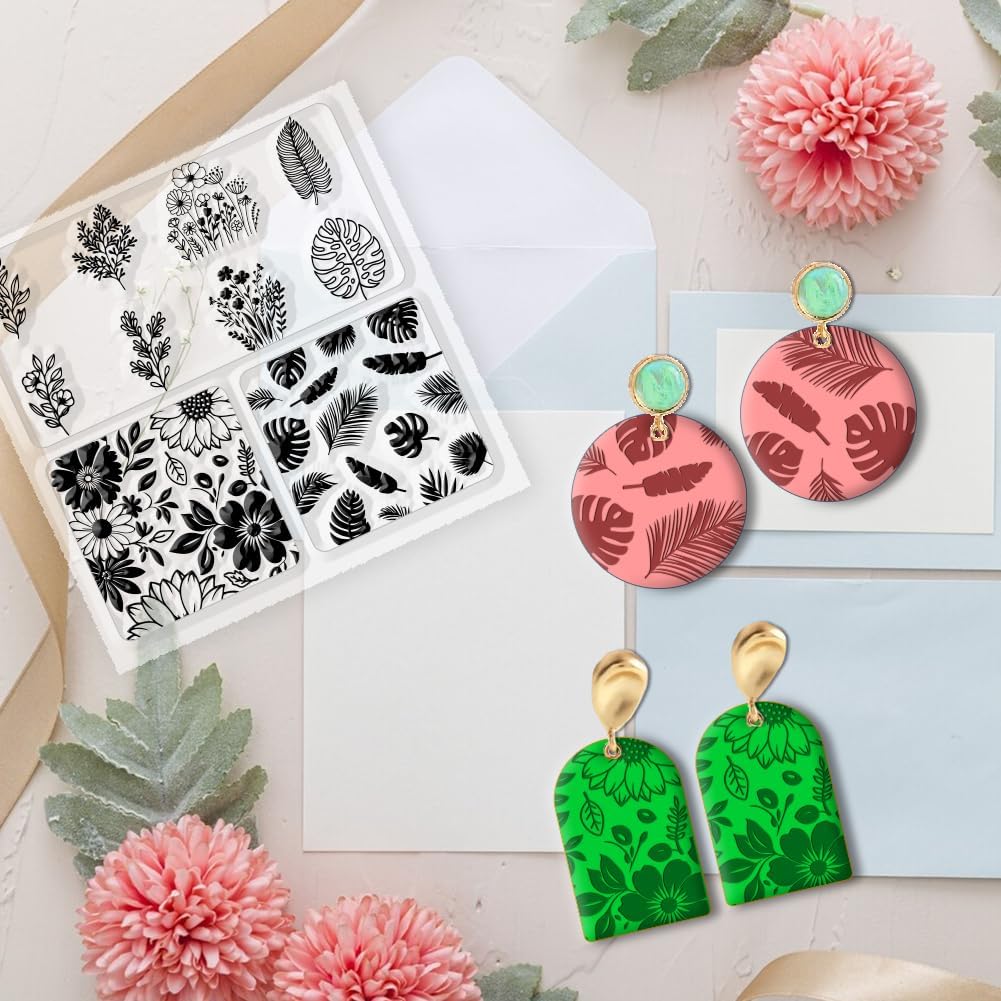 CHGCRAFT Polymer Clay Texture Sheets Leaves and Flowers Pattern Silicone Clay Texture Mat Botany Clear Silicone Molding Pattern Sheets for DIY Crafts Projects and Making Earrings Necklace Bracelet