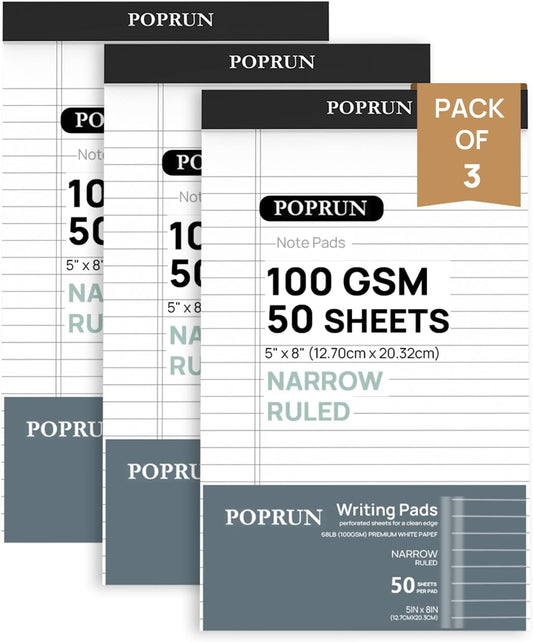 POPRUN Small White Legal Pads 5 x 8 Narrow Ruled, 100GSM Writing Paper Pad, Bulk Lined Notepad Notebooks for Work School, Classroom Office Supplies, 3 Pack