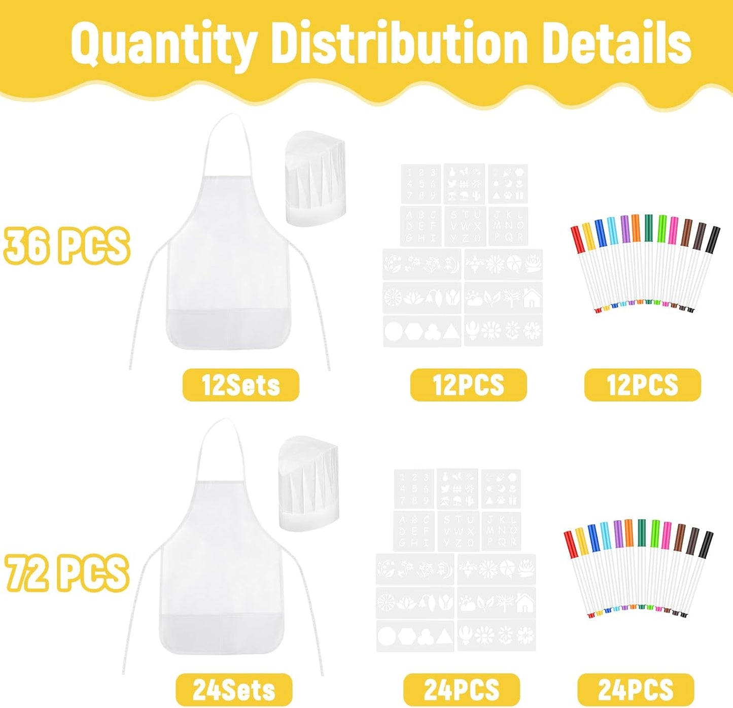 72PCS DIY Kids Chef Hat and Apron Set Kids Painting Aprons with Colored Pen and Crafts Template for Baking Painting Craft