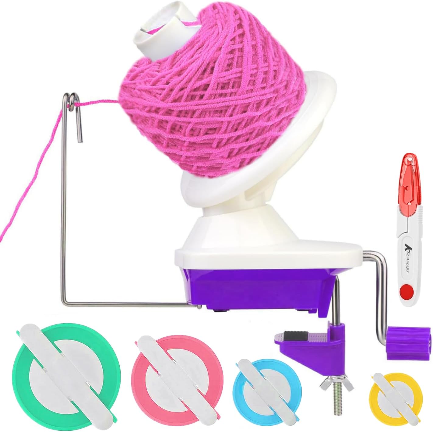 Yarn Ball Winder, Weaving Ball WinderNeedle Craft Yarn Ball Winder,The Helper for Knitting Enthusiast,Sturdy with Metal Handle and Tabletop Clamp, with 4 Size Pom Pom Makers+1PS Scissors