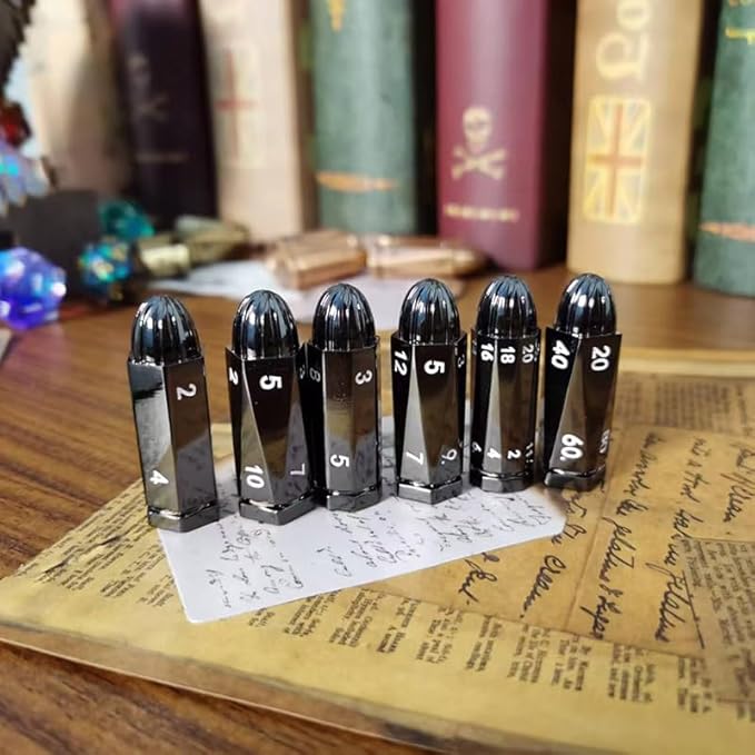 ASTRANOVA Metal Bullet Dice Set with Spinning Revolver Cylinder Holder for DND, Tabletop Games(Black)