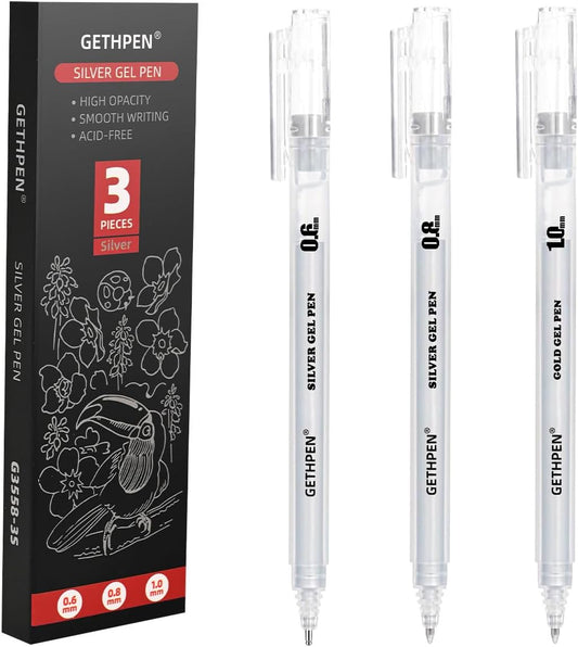 Silver Gel Pens 3-Pack - 0.6/0.8/1.0mm Fine Point Opaque Silver Archival Ink Pen for Black Paper Drawing, Sketching, Illustration, Bullet Journaling