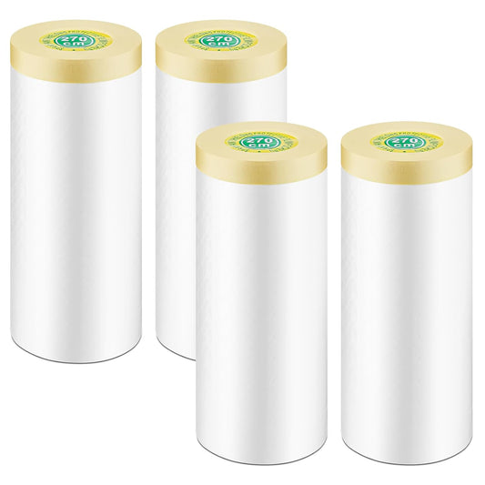 4 Rolls Painters Plastic with Tape, 8.9Ft x 89Ft Pre-Taped Masking Paper for Painting Automotive Masking Film Paint Adhesive Protective Film Roll for Painting Covering Walls Windows Auto Body