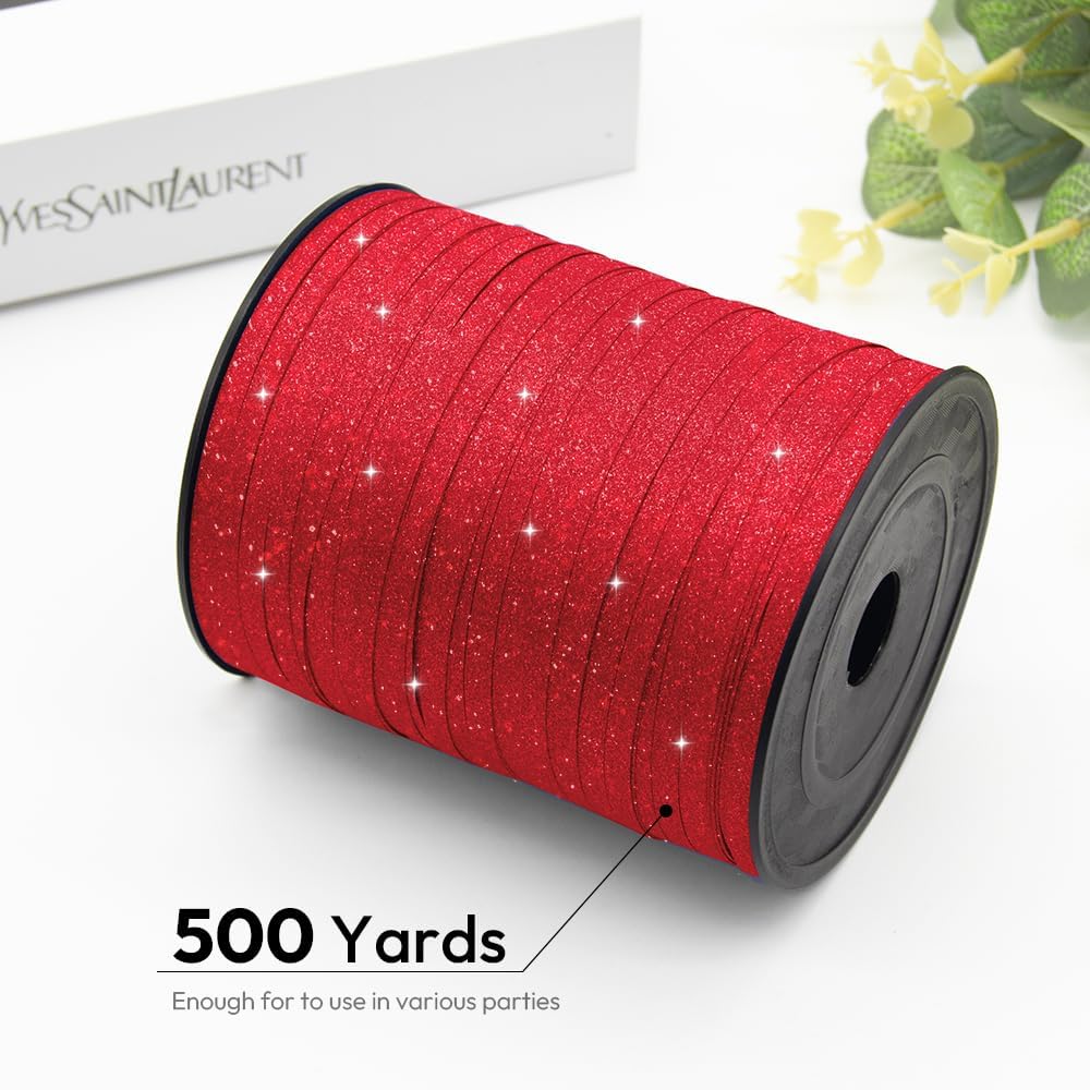 Red Glitter Curling Ribbon, 1/5" Wide x 500 Yards Christmas Curling Ribbons for Gift Wrapping, Party Decoration, Balloon String, Crafting, Balloon Ribbons for Florist Flower (1 Roll)