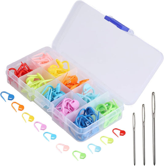 JOSDIOX 150 Pieces Knitting Crochet Locking Stitch Markers and 3 Big Eye Needles Stitch Needle Clip Counter 10 Colors (Color Ship Randomly)
