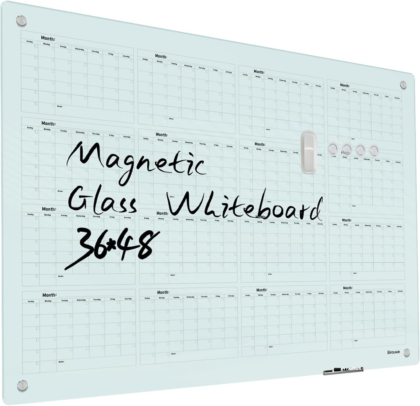 Magnetic Glass Yearly Calendar Whiteboard - Glass Dry Erase Board 48"x36" Large Frameless Glass Board for Walls Office School and Home