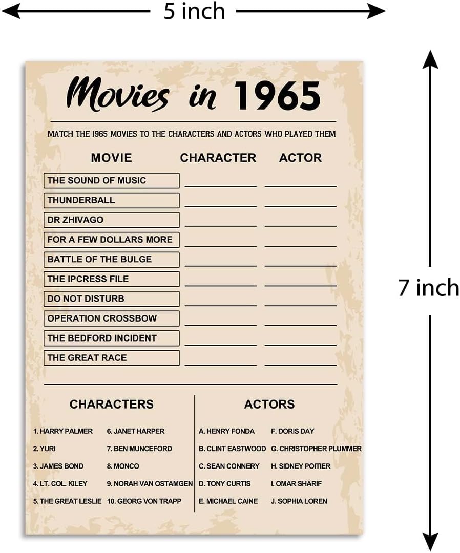 60th Birthday Party Games, Movies in 1965 Games, Birthday Party Supplies for Adults, Fun 1965s Party Game，Pack of 30 Cards