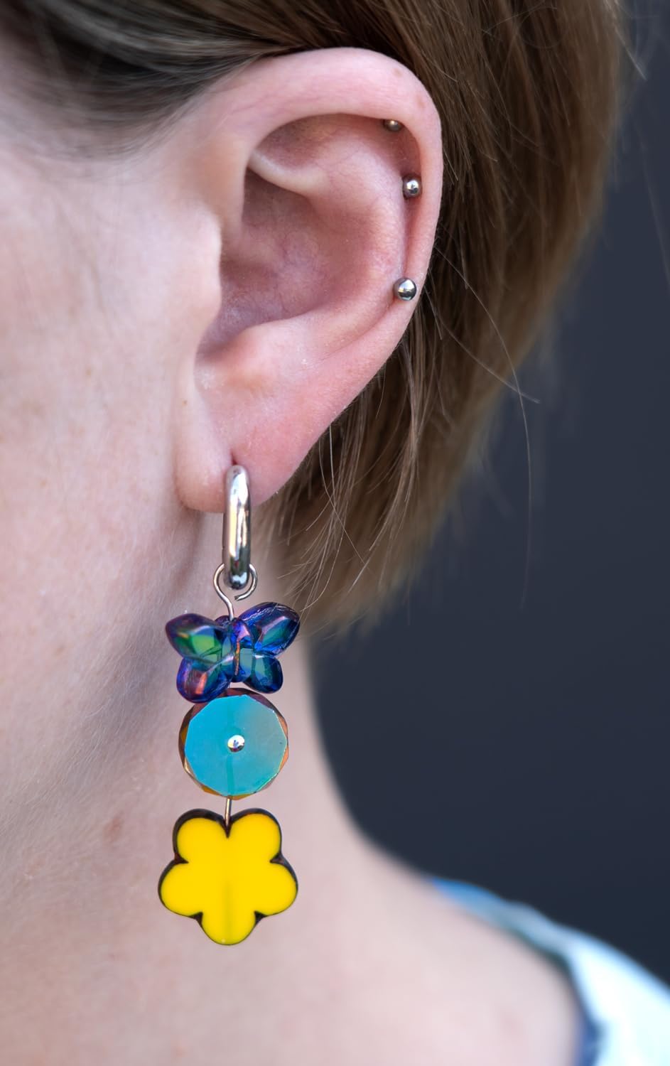 2.1oz (60g) of Focal Glass Bead Mix with Table-Cut Flower and Butterfly Beads, PG Blue